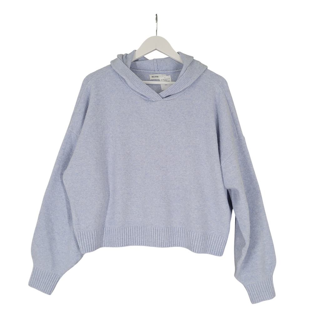 Hollister Knit Hoodie Women Large Blue Cropped Boxy Oversized Sweater